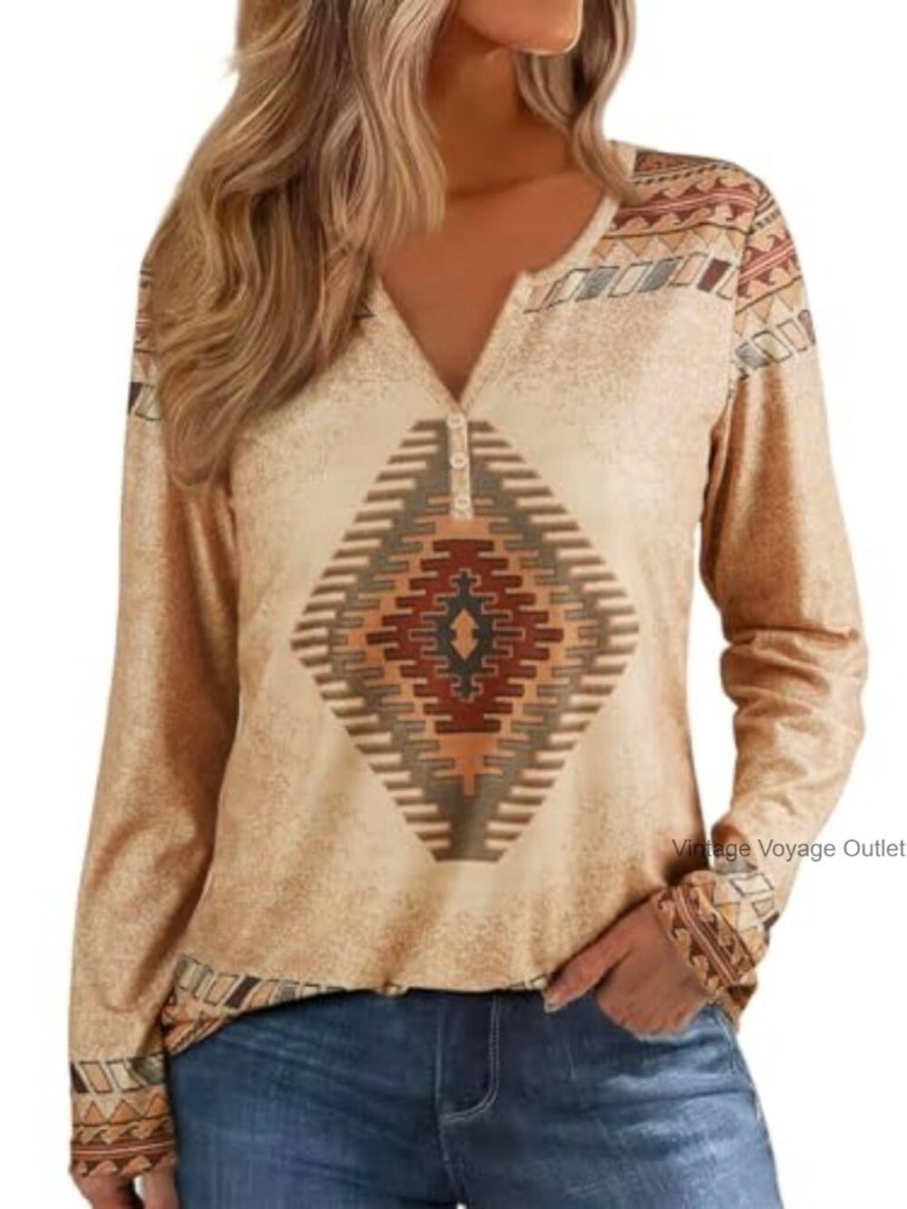 Aztec Tribal Print Long Sleeve Henley V-Neck Top Polyester Spandex